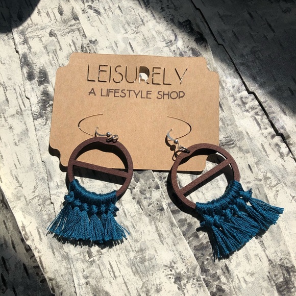 Teal Tassel Earrings | Dark Wood, Cotton & Silver - Picture 5 of 11